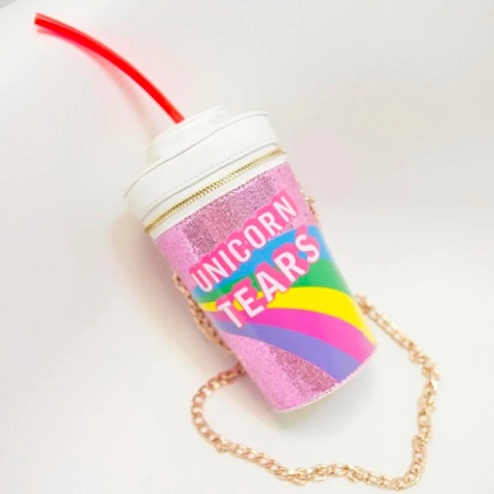 UNICORN TEARS On 🌈 Graphic Cup W/ Gold Chain & Straw Leather Crossbody Bag